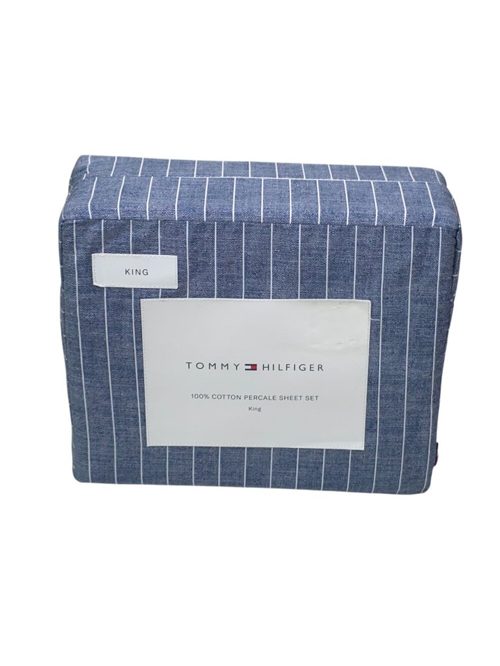 Tommy Hilfiger 100% Cotton Percale King Sheet Set Blue Stripe 4-Piece Denim Blue